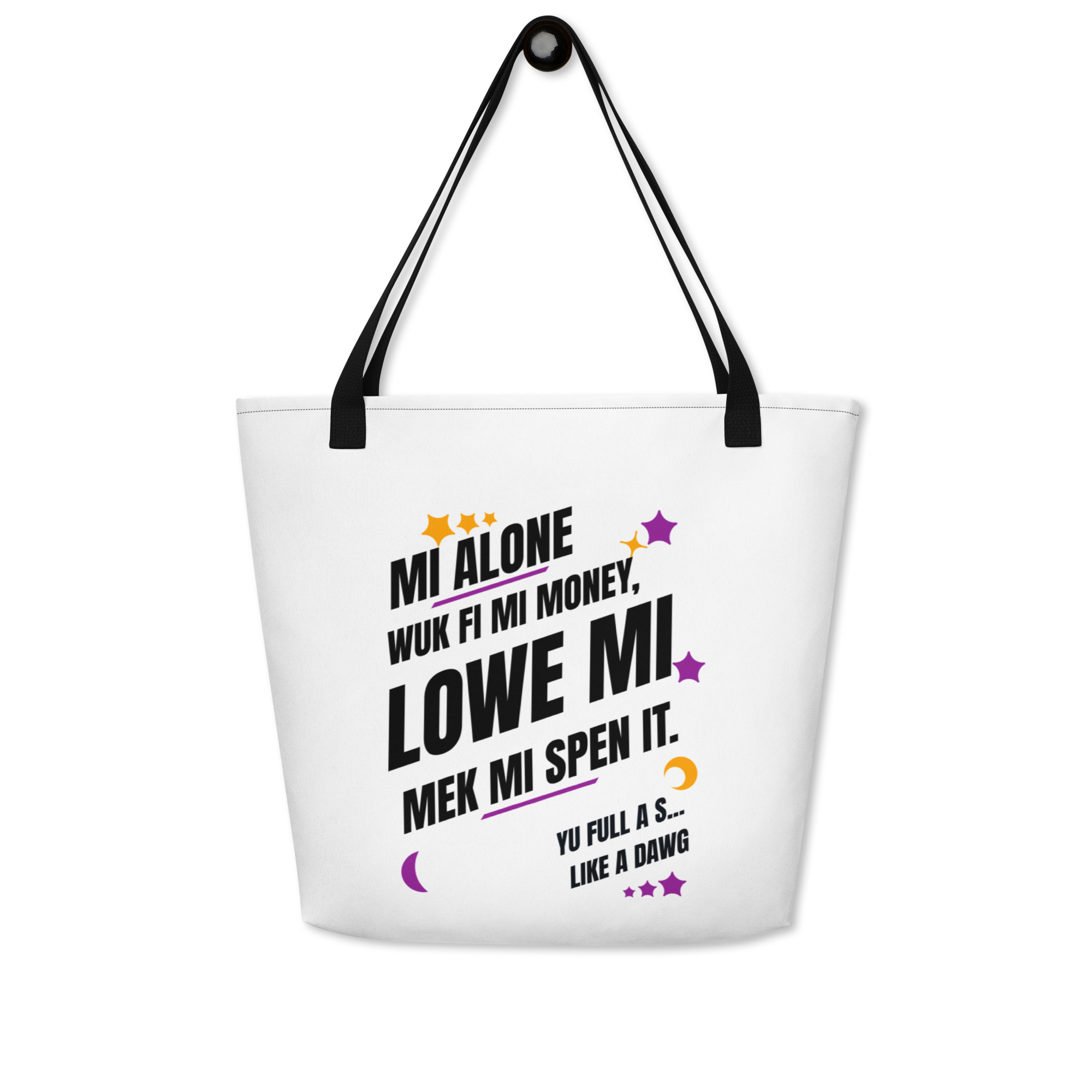 WUK FI MI MONEY - Large Tote Bag - Jamaica Tote Bags, Custom Cotton Tote Bags, Destination Tote Bags, Tote Bag Personalized