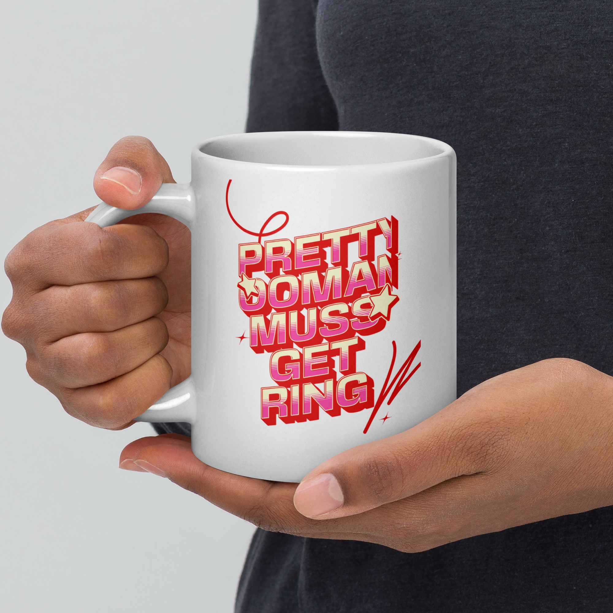 PRETTY OOMAN MUSS GET RING - White glossy mug - Jamaican Gift, Funny Jamaican Coffee Mug, Jamaican Coffee Cup, Jamaican Tea Cup